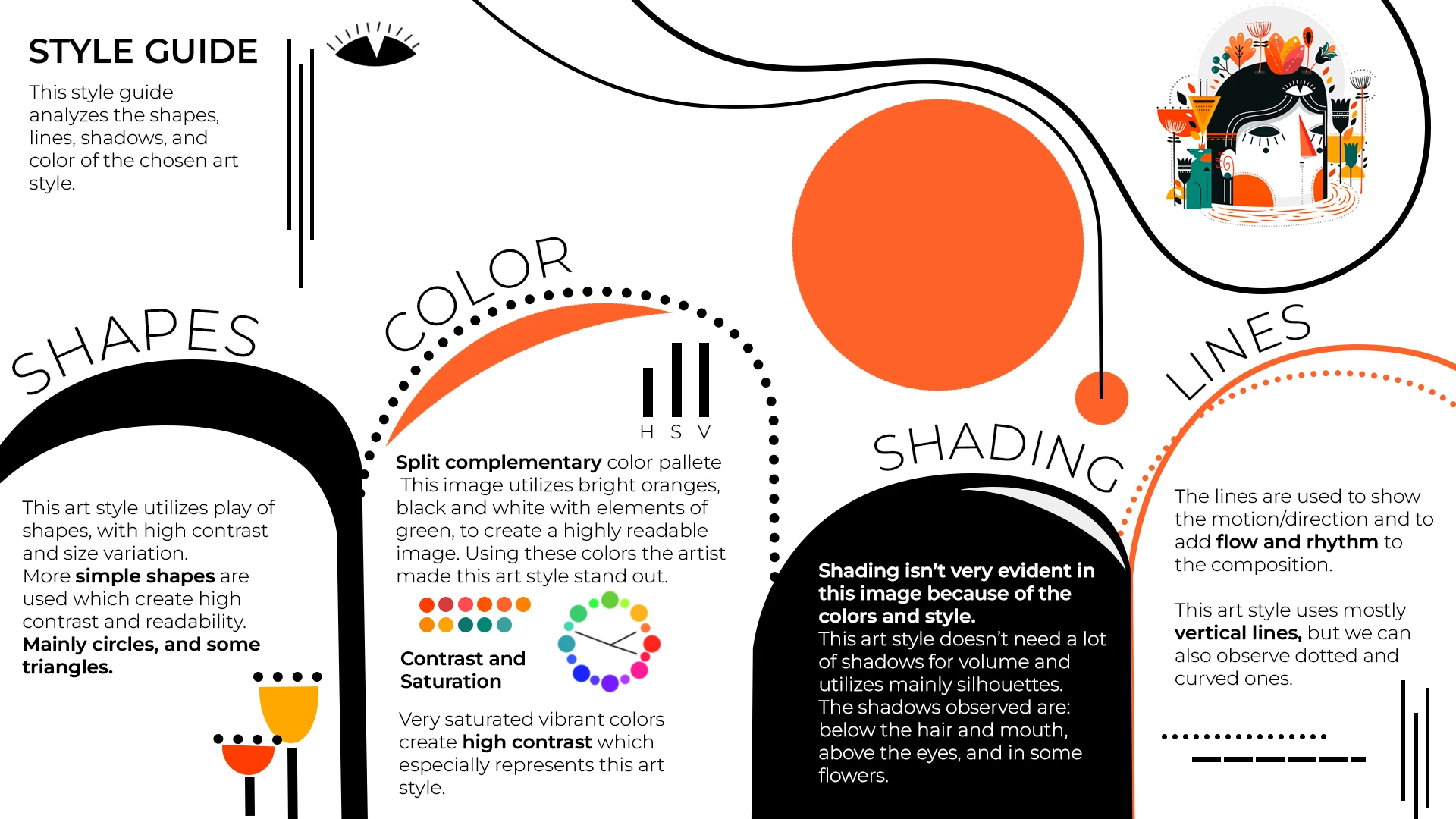 Style guide analysing shapes, colour, shading and lines