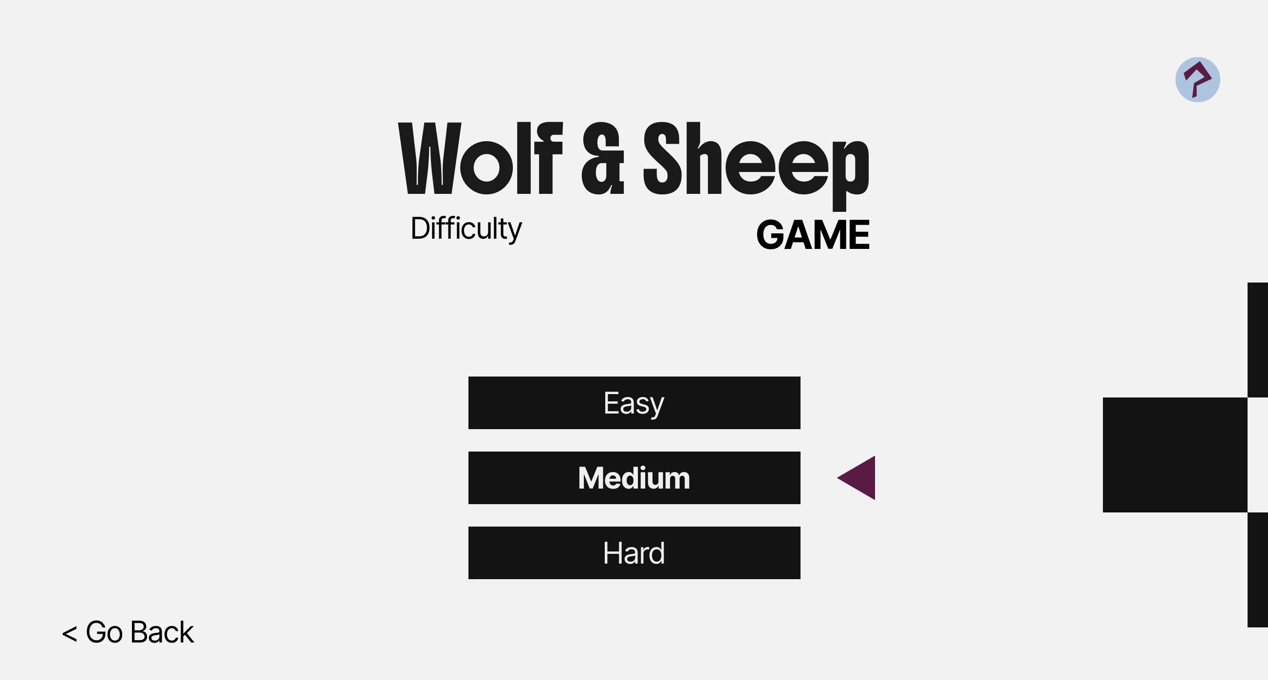 The difficulty screen with easy, medium and hard