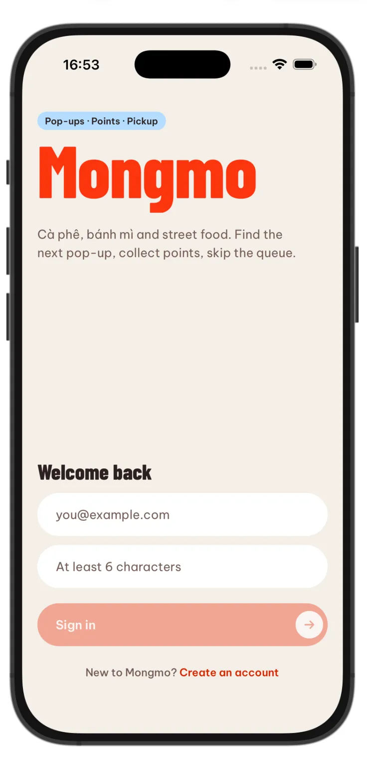 Mongmo's sign-in screen: Pop-ups, points, pickup
