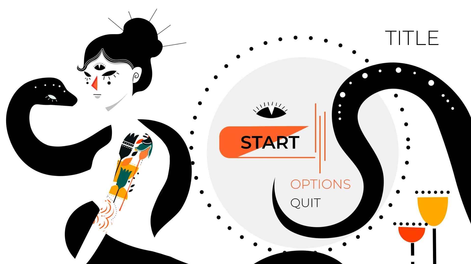 Start menu with the character, the snake and an orange Start button
