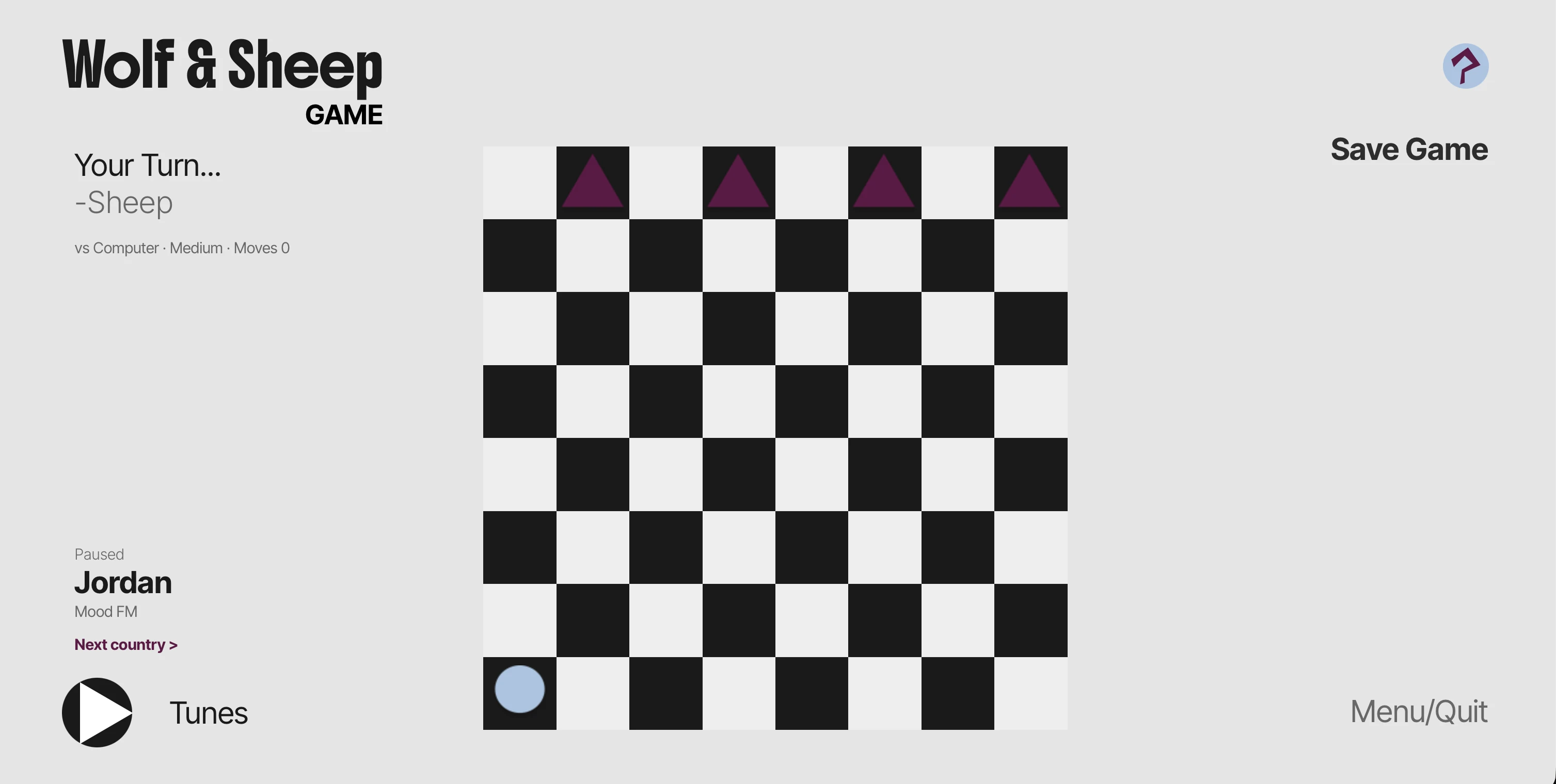 Wolf & Sheep game screen: an 8 by 8 board with four purple wolves on the top row and the sheep in the bottom corner