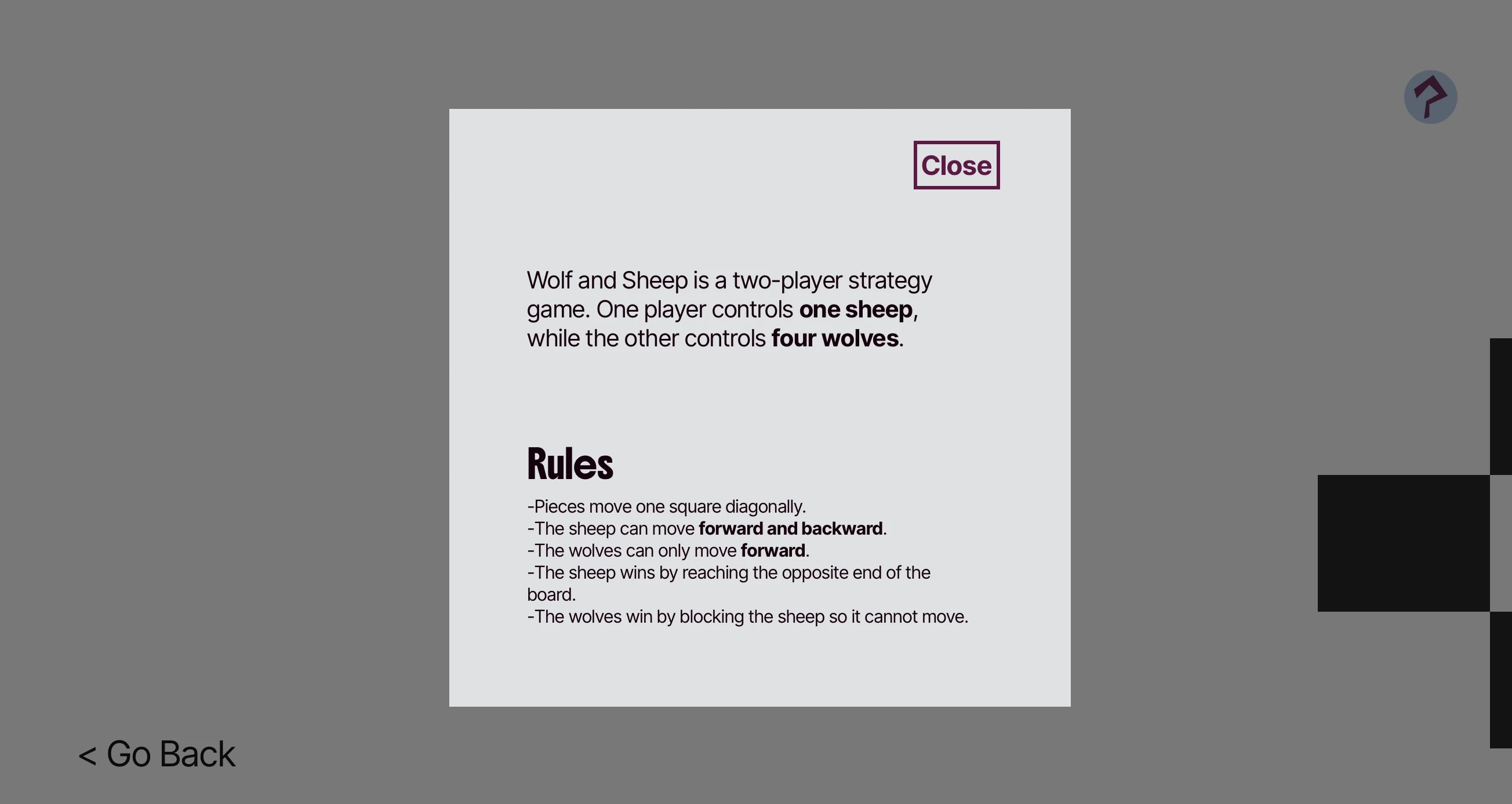 The rules overlay in the game