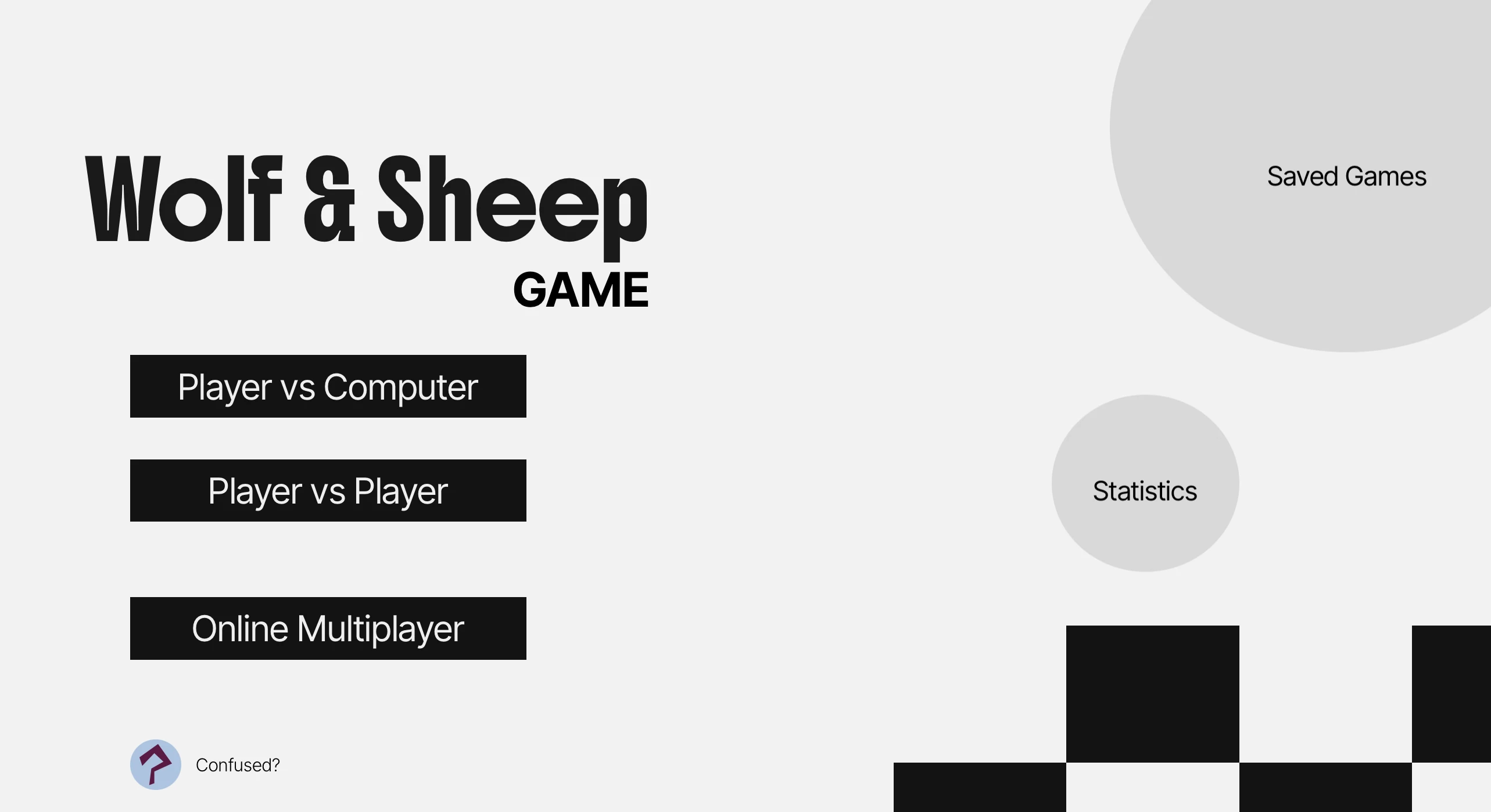 The start screen with player vs computer, player vs player and online multiplayer